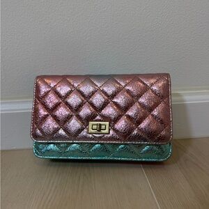 Metallic Quilted Two-Tone Crossbody Wallet - Pink and Teal